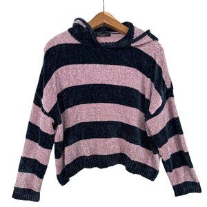 Romeo + Juliet Couture Womens Sweater Sz L Navy/Lavender Striped Hoodie Chenille